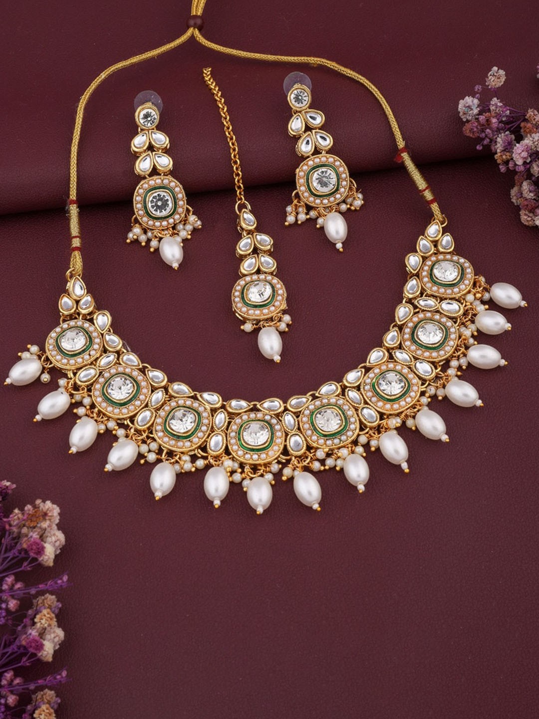 

ROFARWORD Gold-Plated Stone-Studded & Beaded Jewellery Set