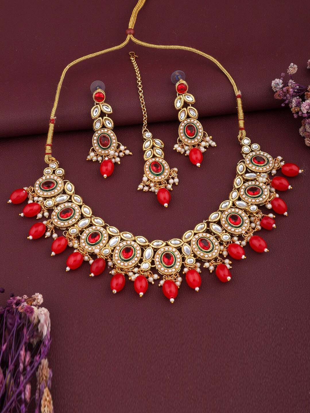 

ROFARWORD Gold-Plated Stone-Studded & Beaded Jewellery Set