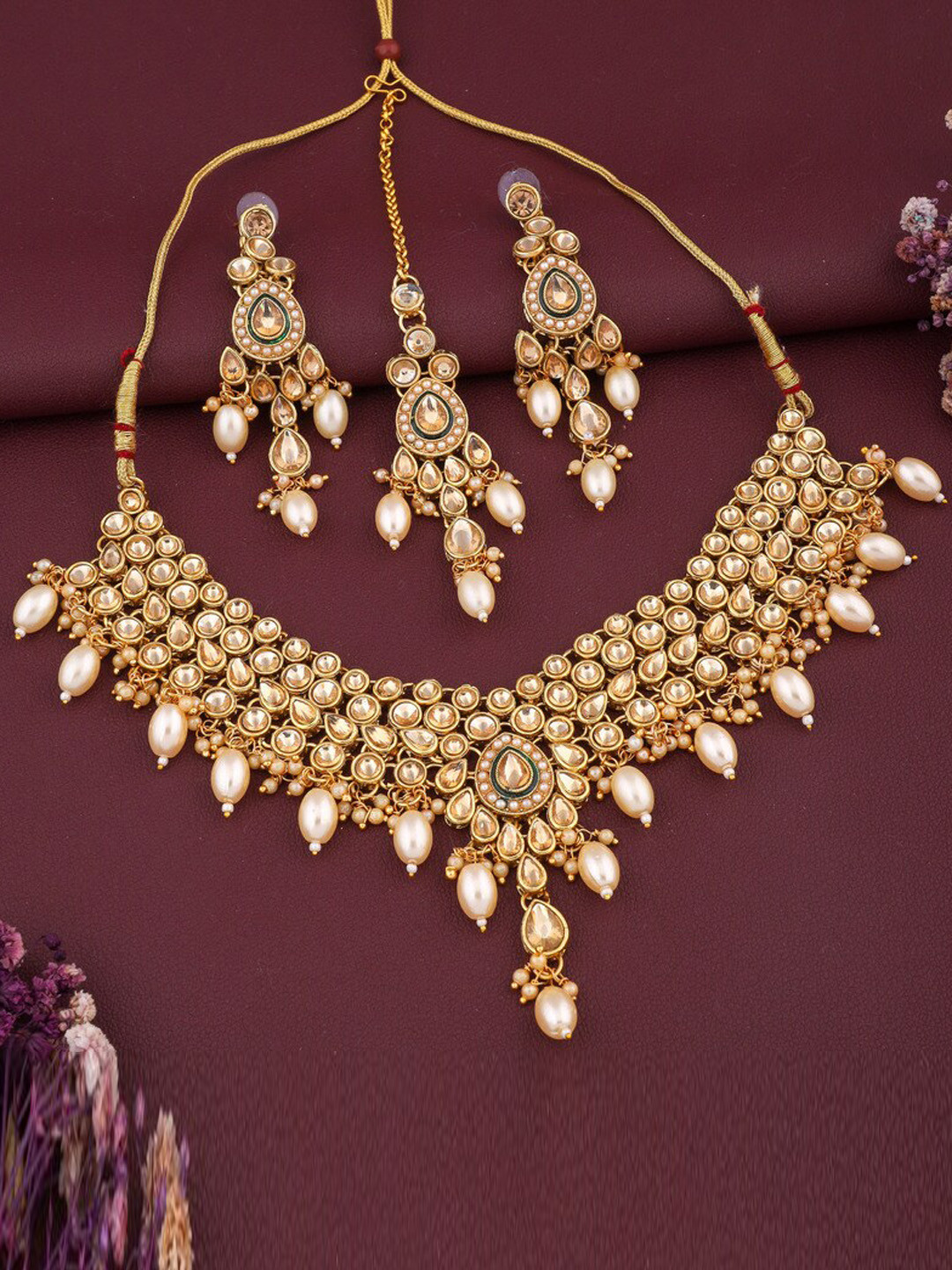 

ROFARWORD Gold-Plated Stone-Studded & Beaded Jewellery Set