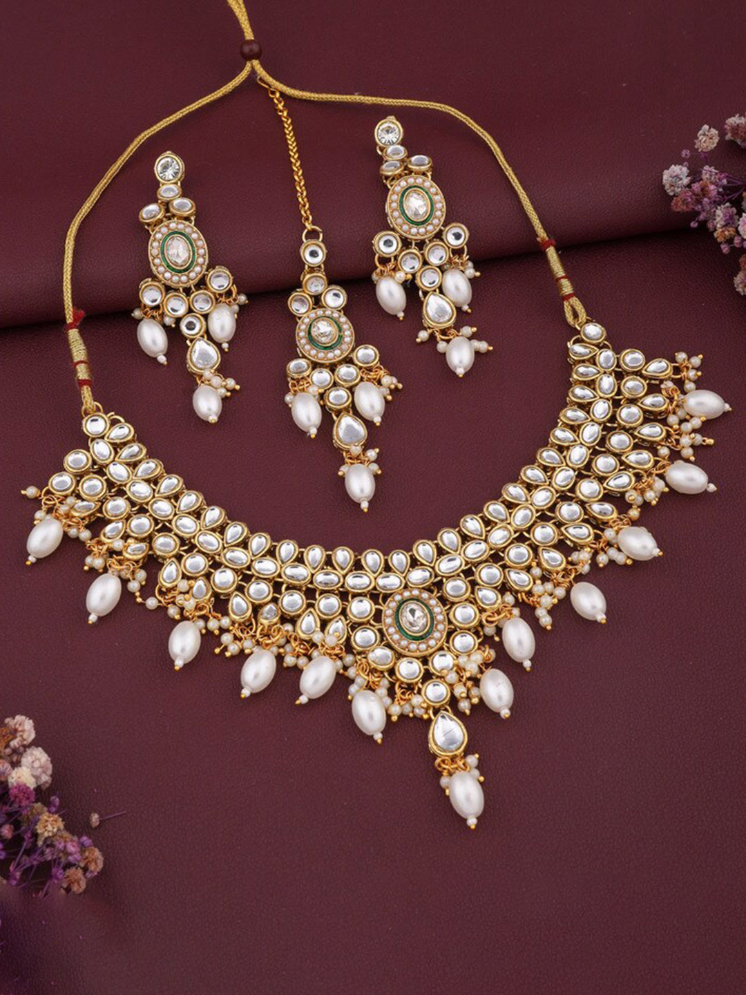 

ROFARWORD Gold-Plated Stone-Studded & Beaded Jewellery Set