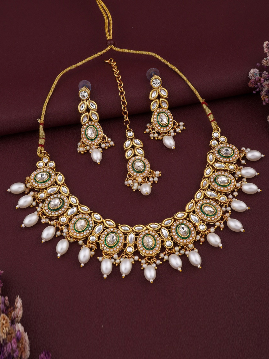 

ROFARWORD Gold-Plated Stone-Studded & Beaded Jewellery Set