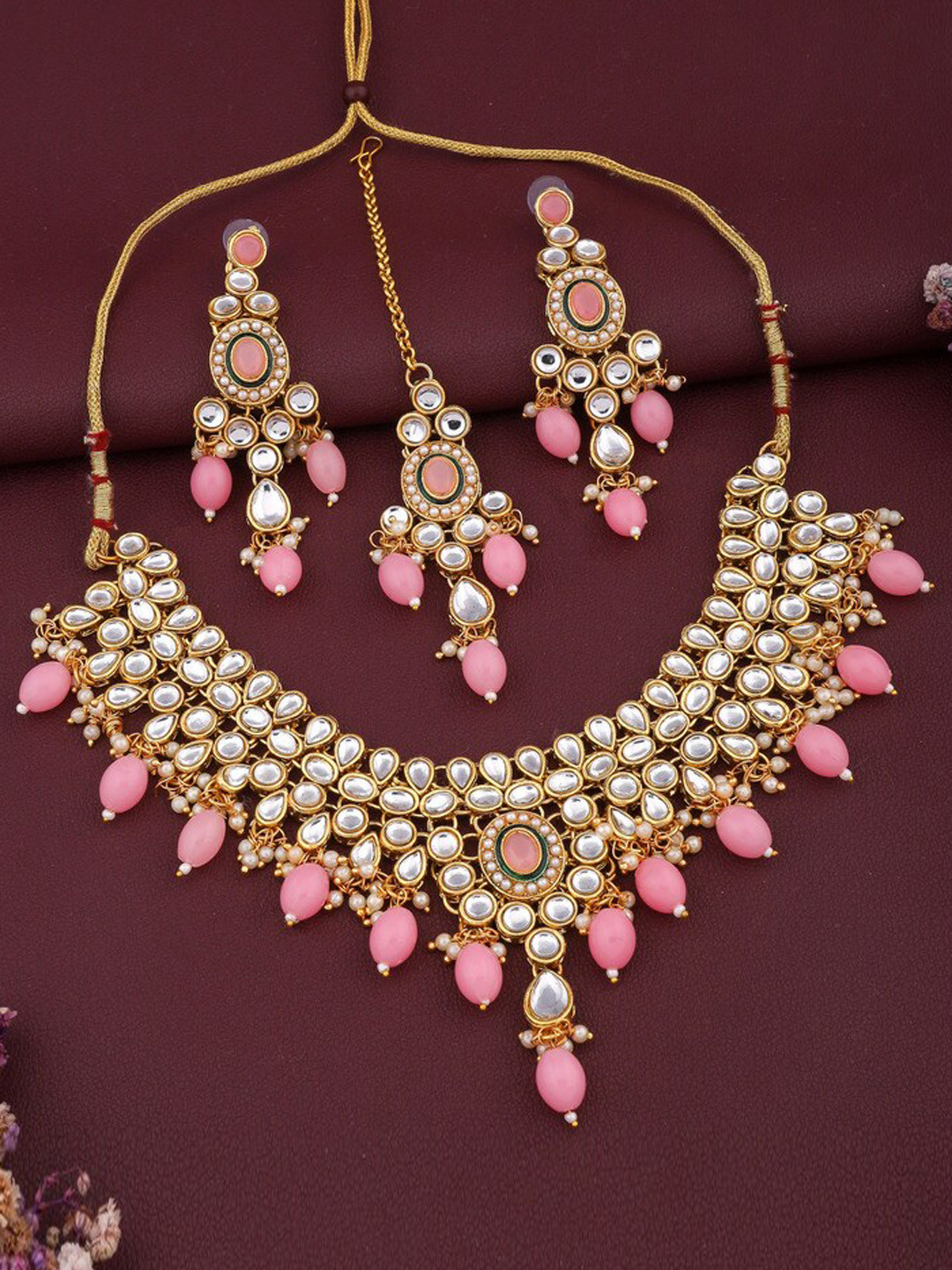 

ROFARWORD Gold-Plated Stone-Studded & Beaded Jewellery Set