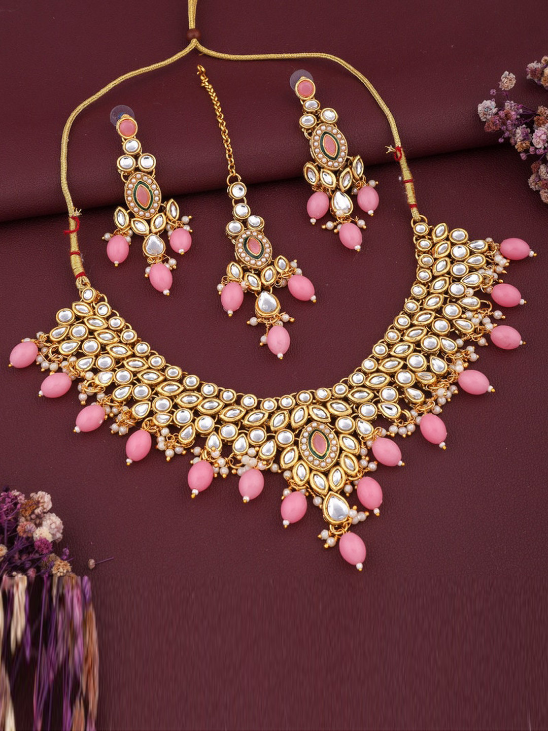 

ROFARWORD Gold-Plated Stone-Studded & Beaded Jewellery Set