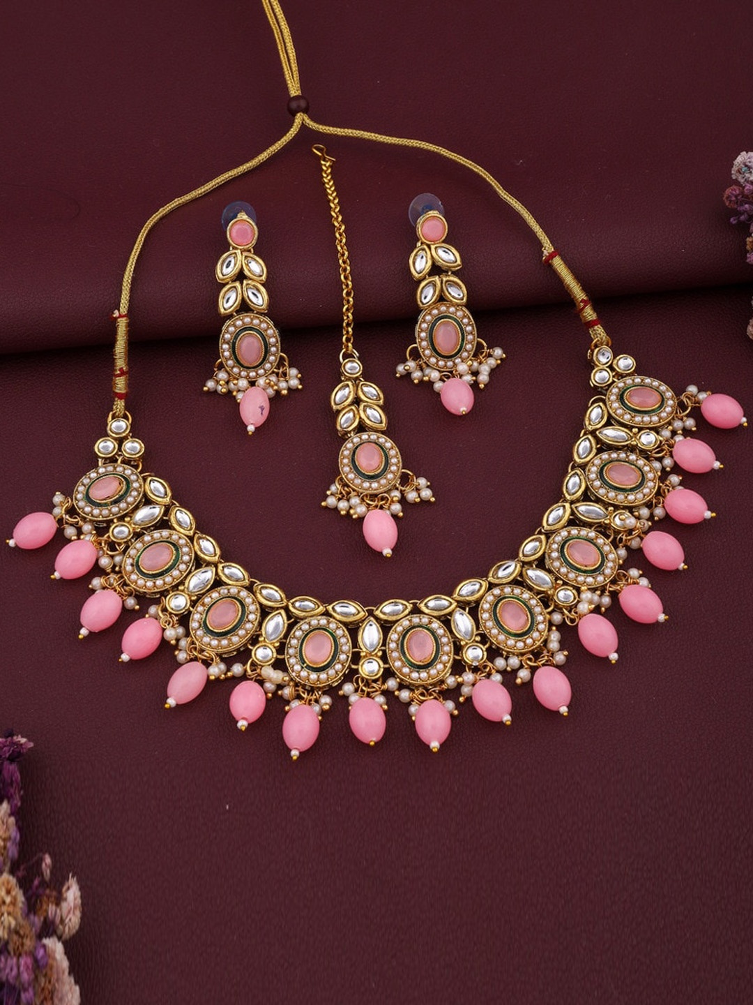 

ROFARWORD Gold-Plated Stone-Studded & Beaded Necklace & Earrings