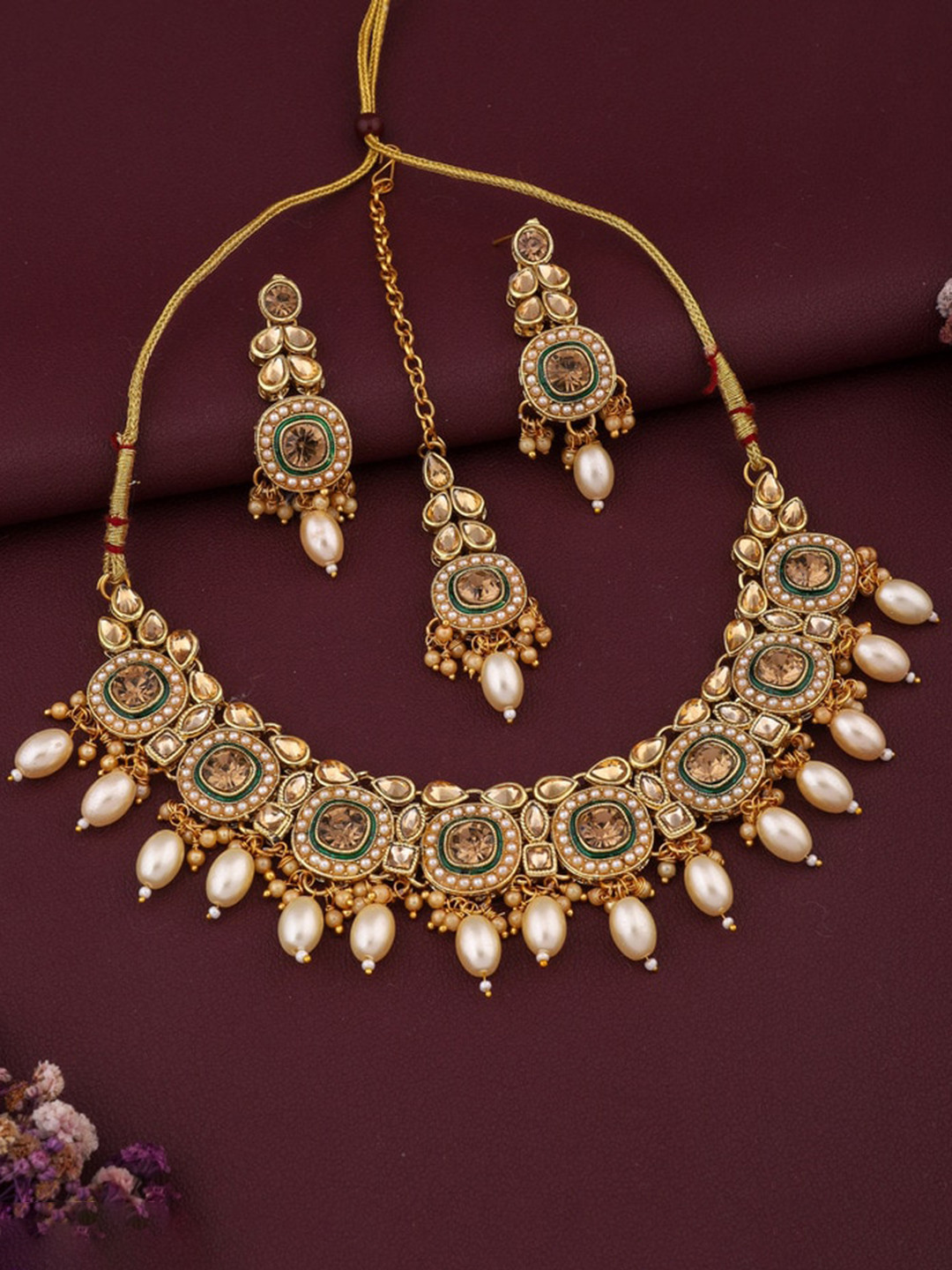 

ROFARWORD Gold-Plated Stone-Studded & Beaded Jewellery Set