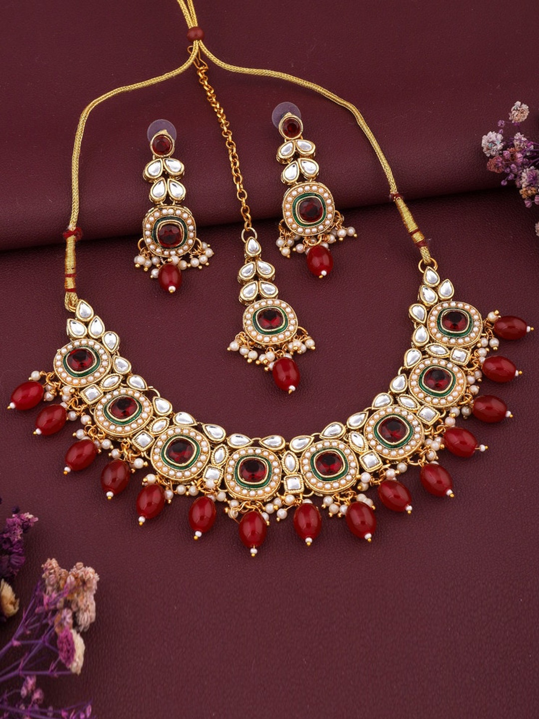 

ROFARWORD Gold-Plated Stone-Studded & Beaded Jewellery Set