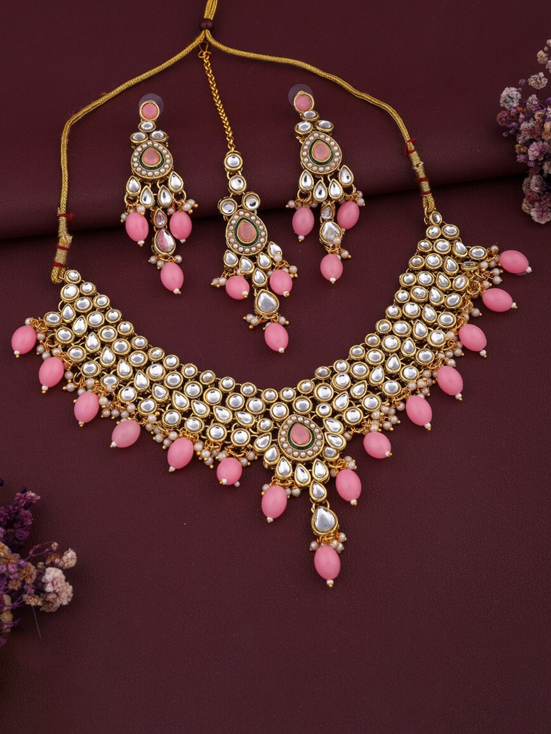 

ROFARWORD Gold-Plated Stone-Studded & Beaded Jewellery Set