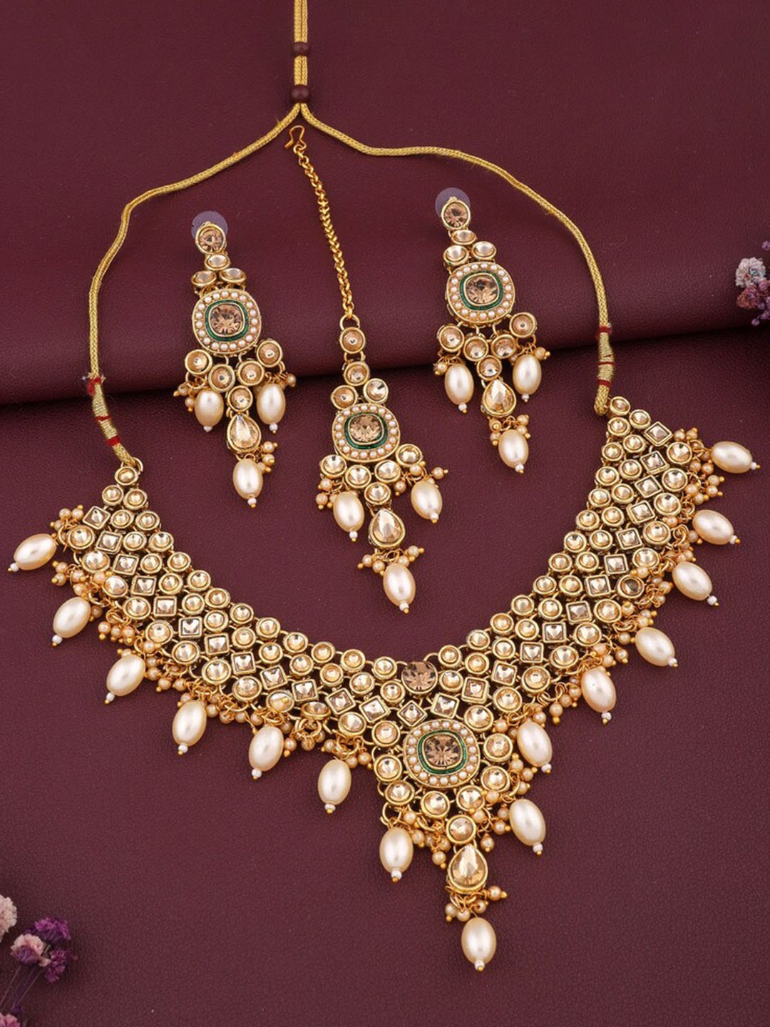 

ROFARWORD Gold-Plated Stone-Studded & Beaded Jewellery Set