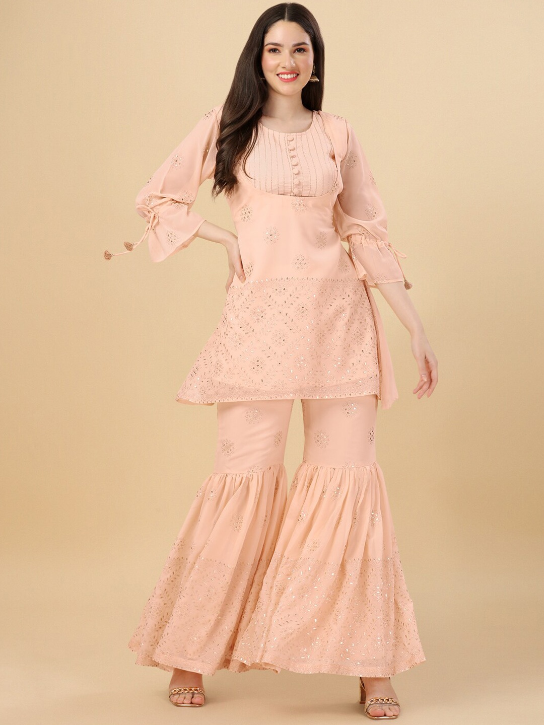 

PMD Fashion Ethnic Motif Printed Sharara With Top & Kurti, Peach