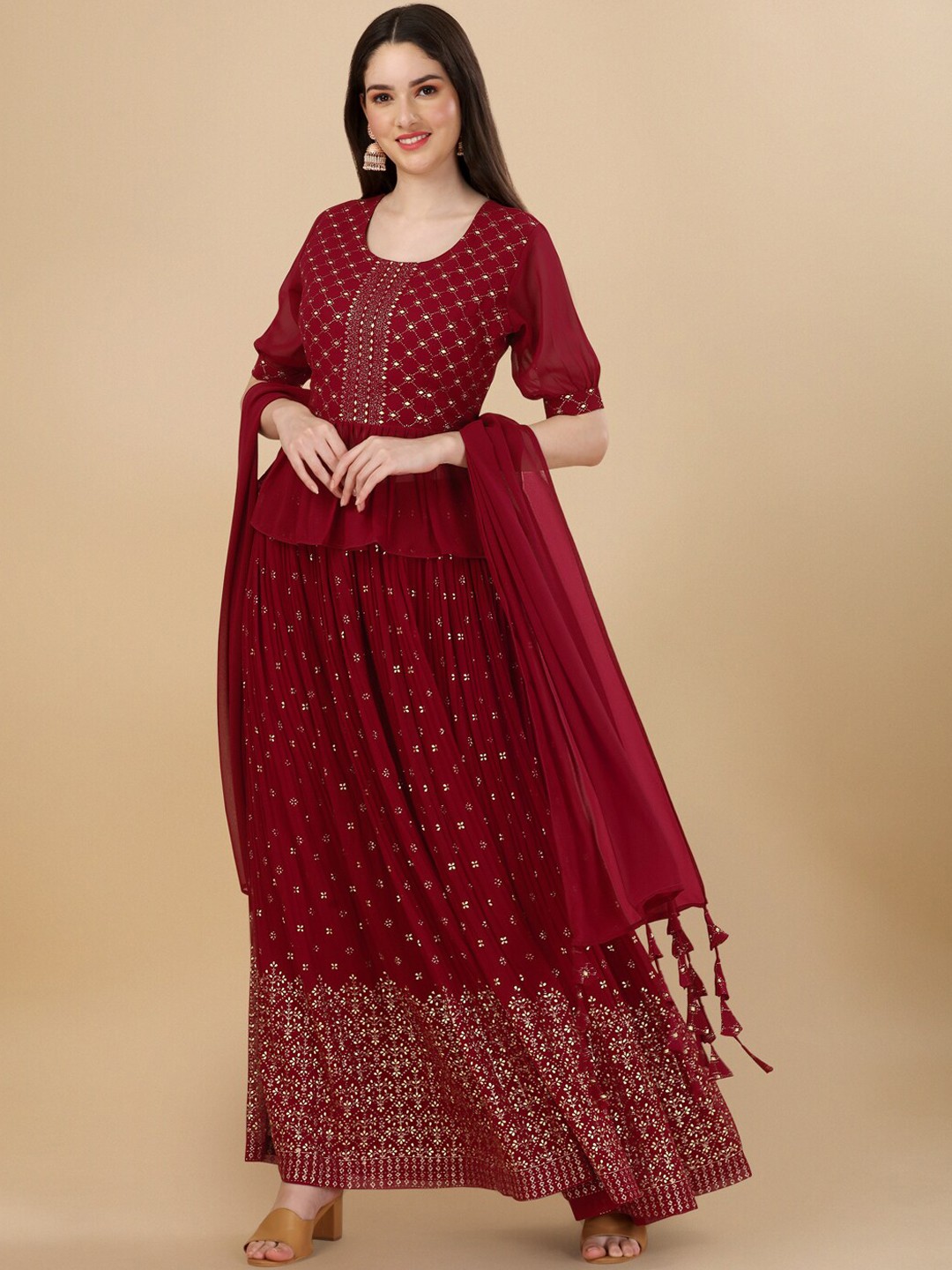 

PMD Fashion Ethnic Motifs Printed Pleated Puff Sleeves Top With Skirt & Dupatta, Maroon