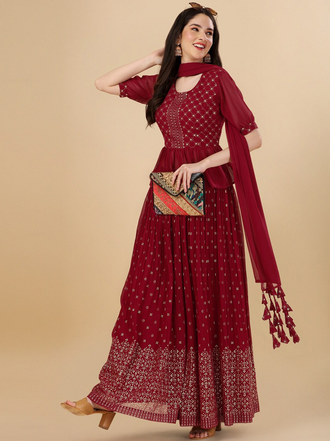 

PMD Fashion Ethnic Motif Printed Pleated Puff Sleeves Top With Skirt & Dupatta, Maroon