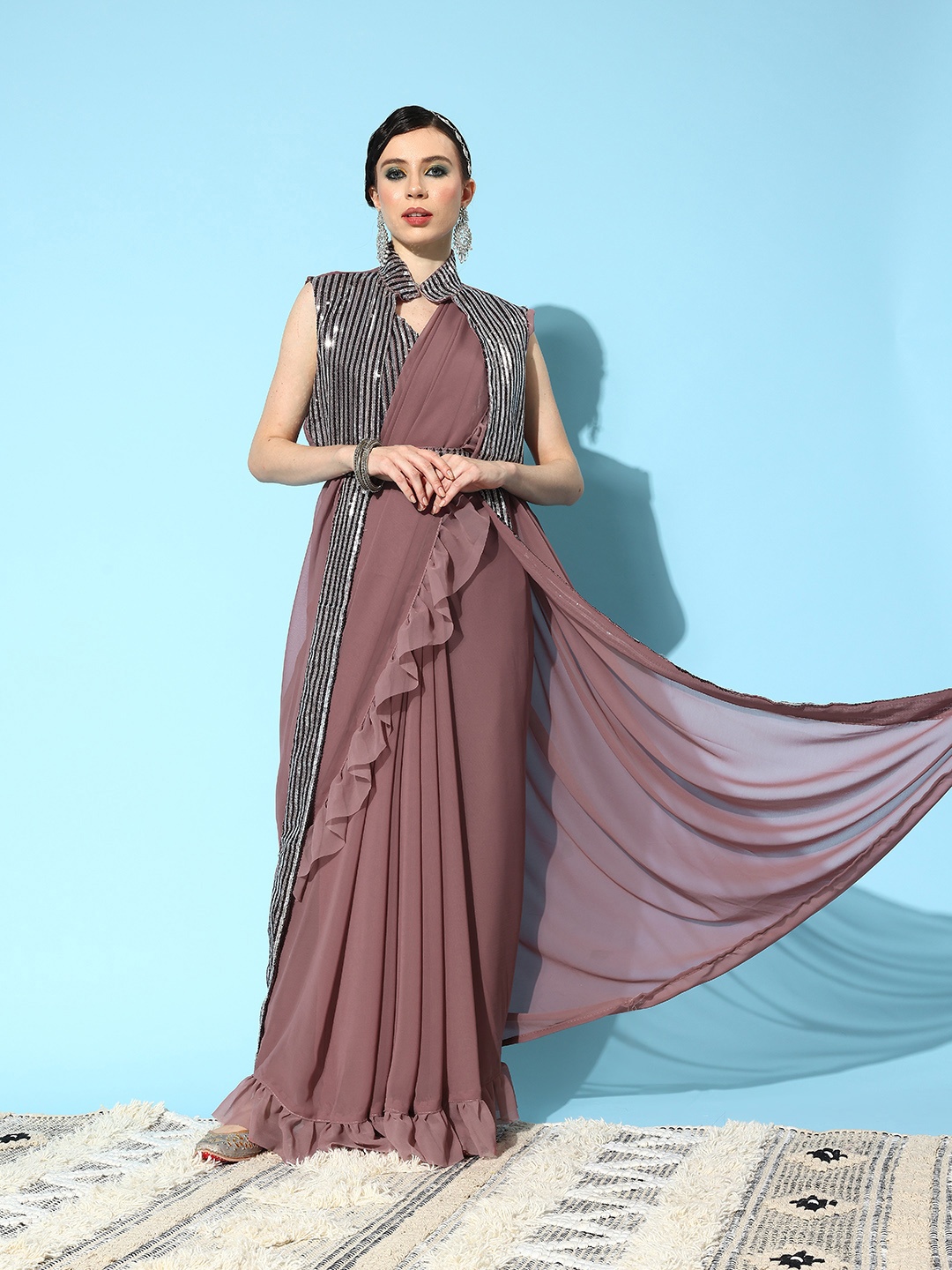 

Mitera Mauve Sequinned Pure Georgette Ready to Wear Saree With Shrug