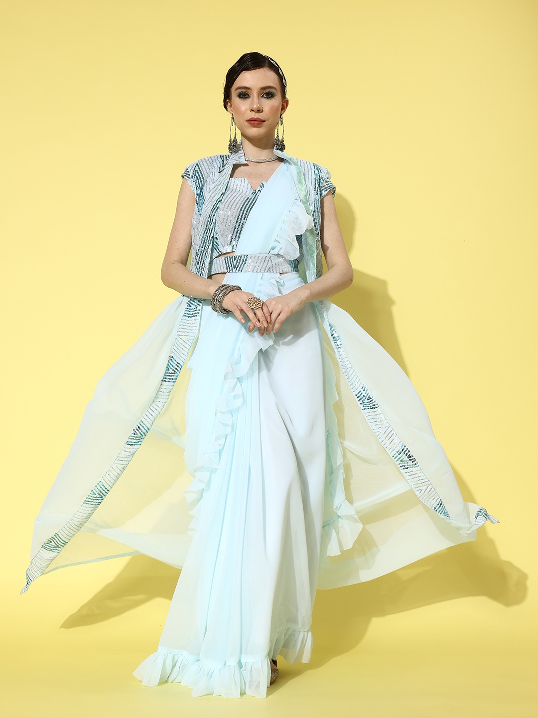 

Mitera Turquoise Blue Sequinned Pure Georgette Ready to Wear Saree With Shrug