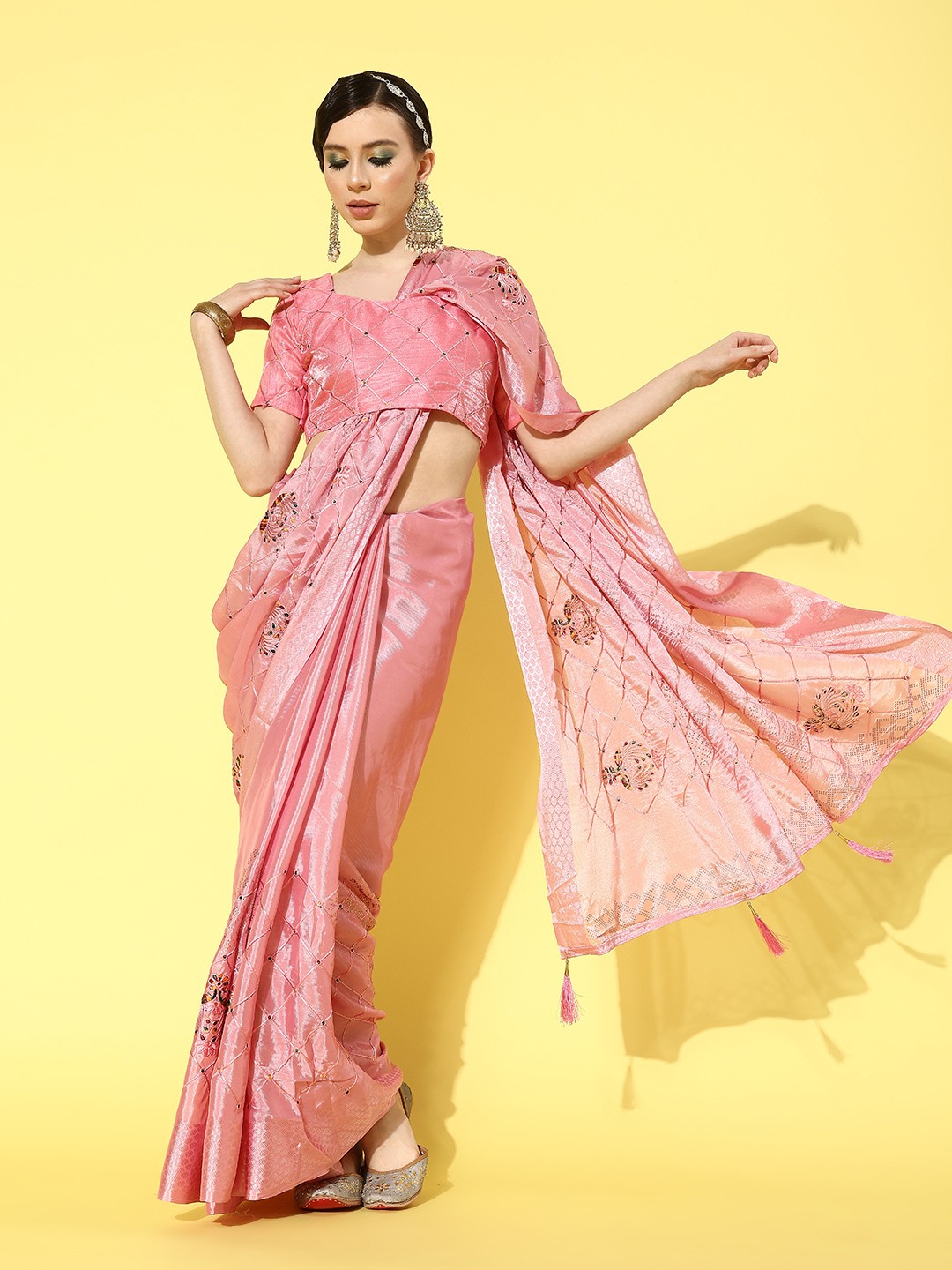 

Mitera Pink Woven Design Mukaish Pure Chiffon Designer Saree