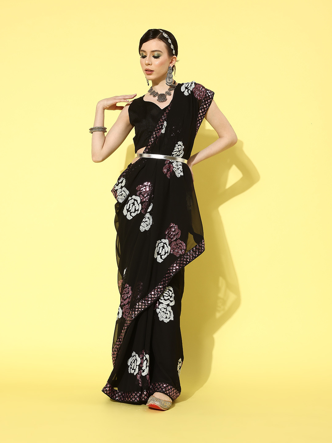 

Mitera Black Floral Sequinned Pure Georgette Saree