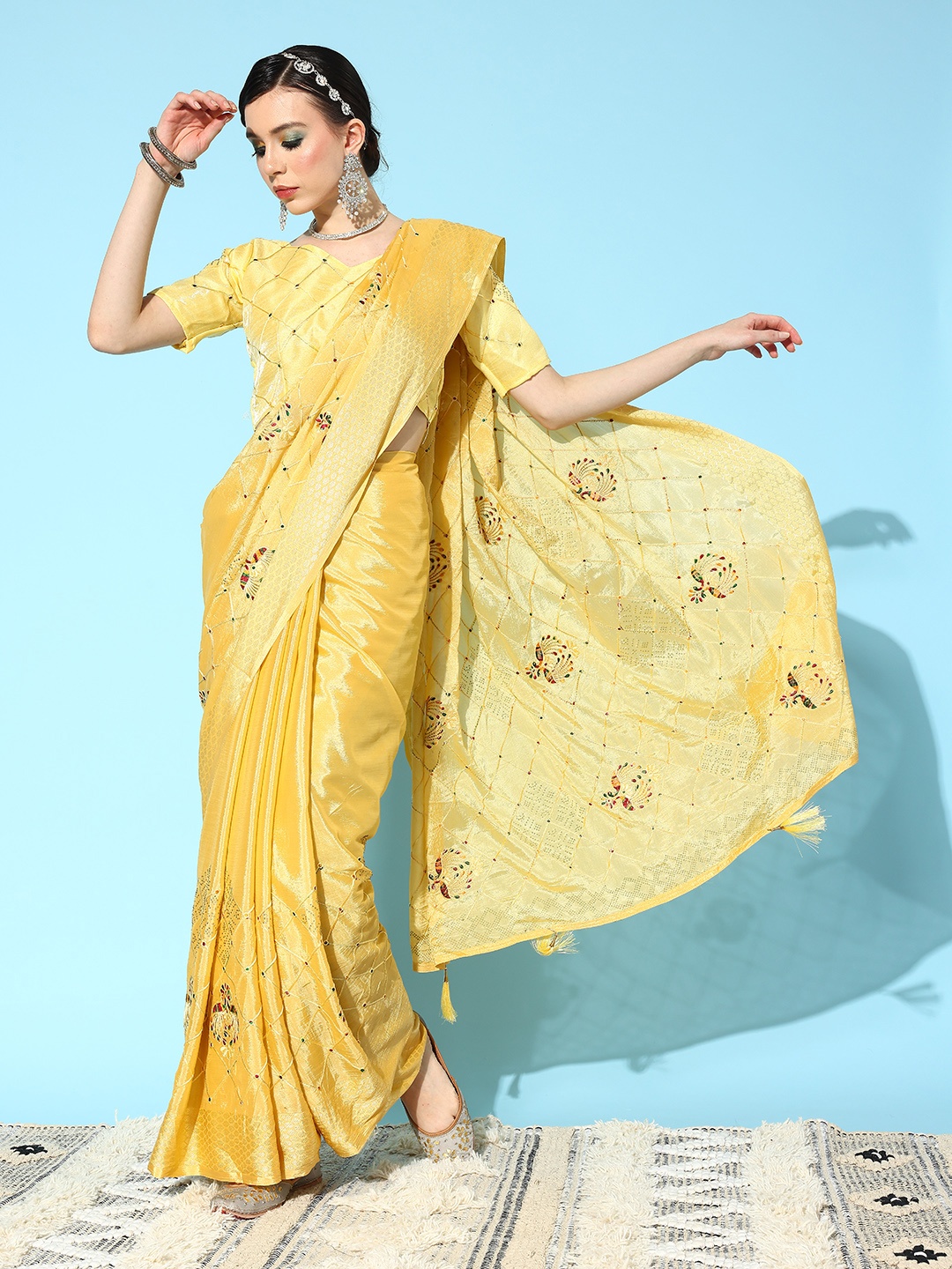

Mitera Floral Mukaish Pure Chiffon Saree, Beige