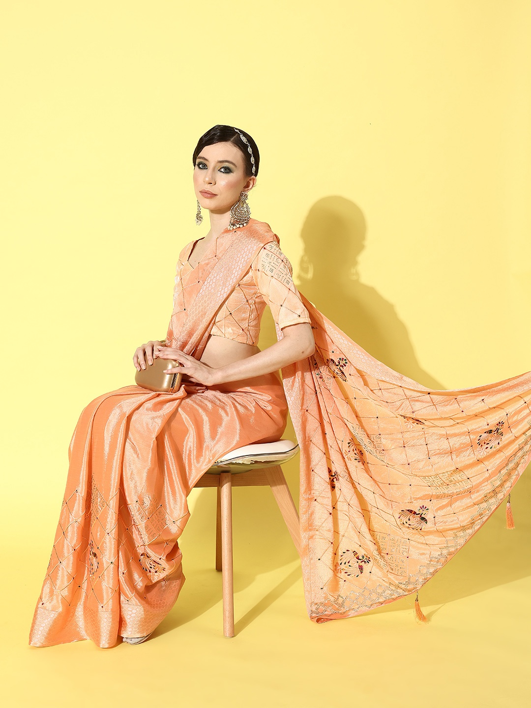 

Mitera Woven Design Mukaish Pure Chiffon Saree, Peach