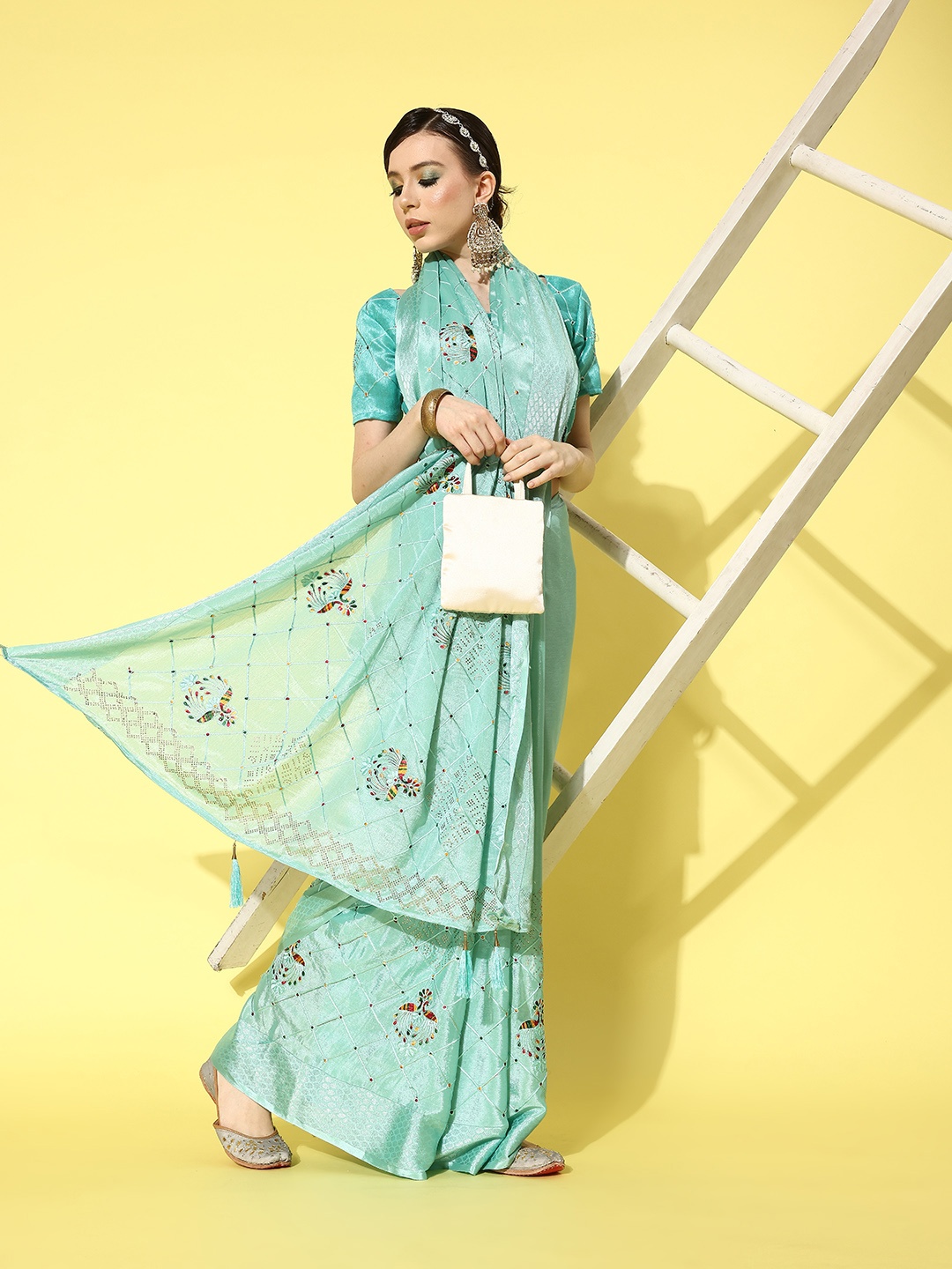

Mitera Ethnic Motifs Mukaish Pure Chiffon Saree, Turquoise blue