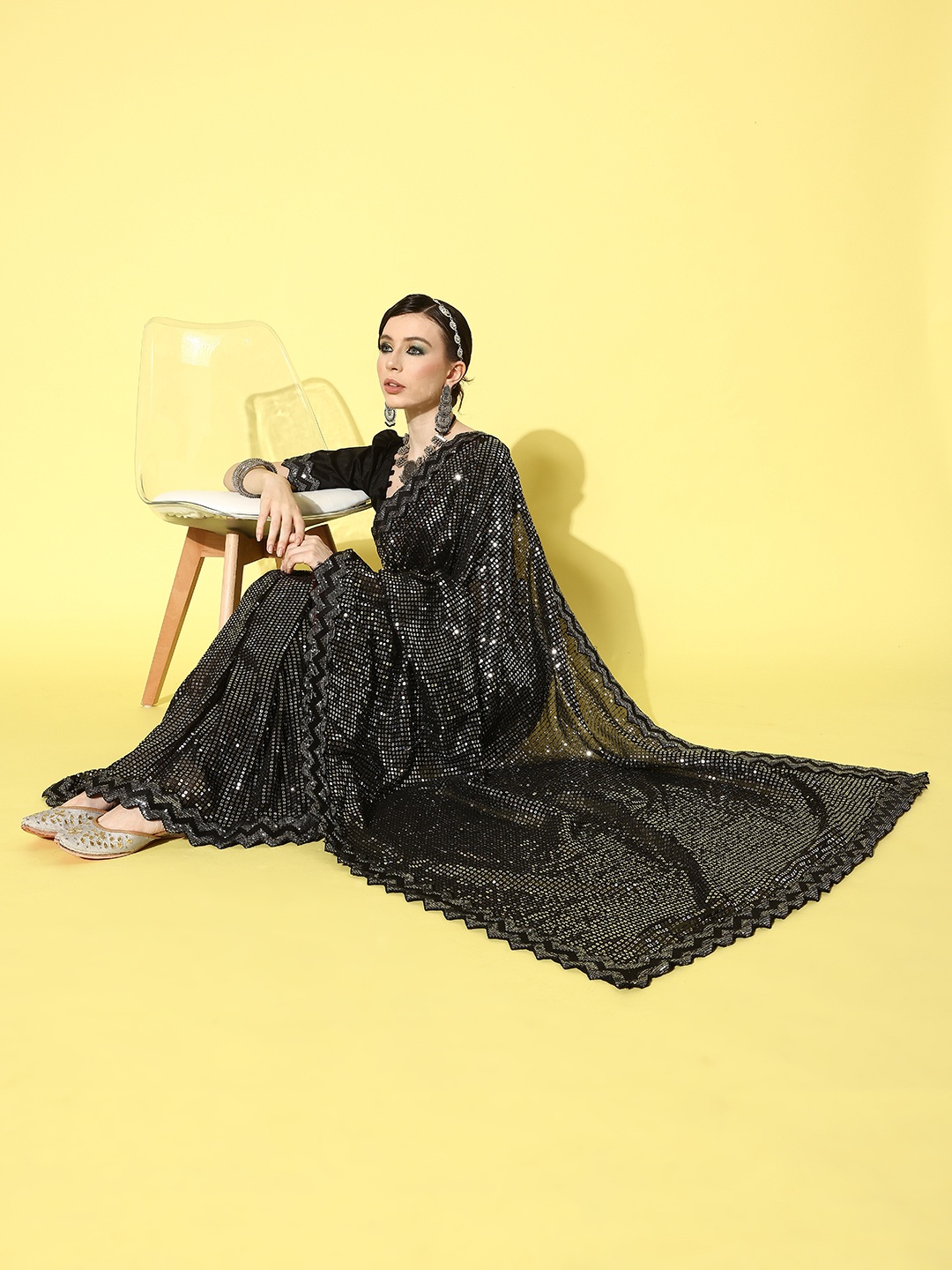 

Mitera Black Embellished Sequinned Pure Georgette Saree