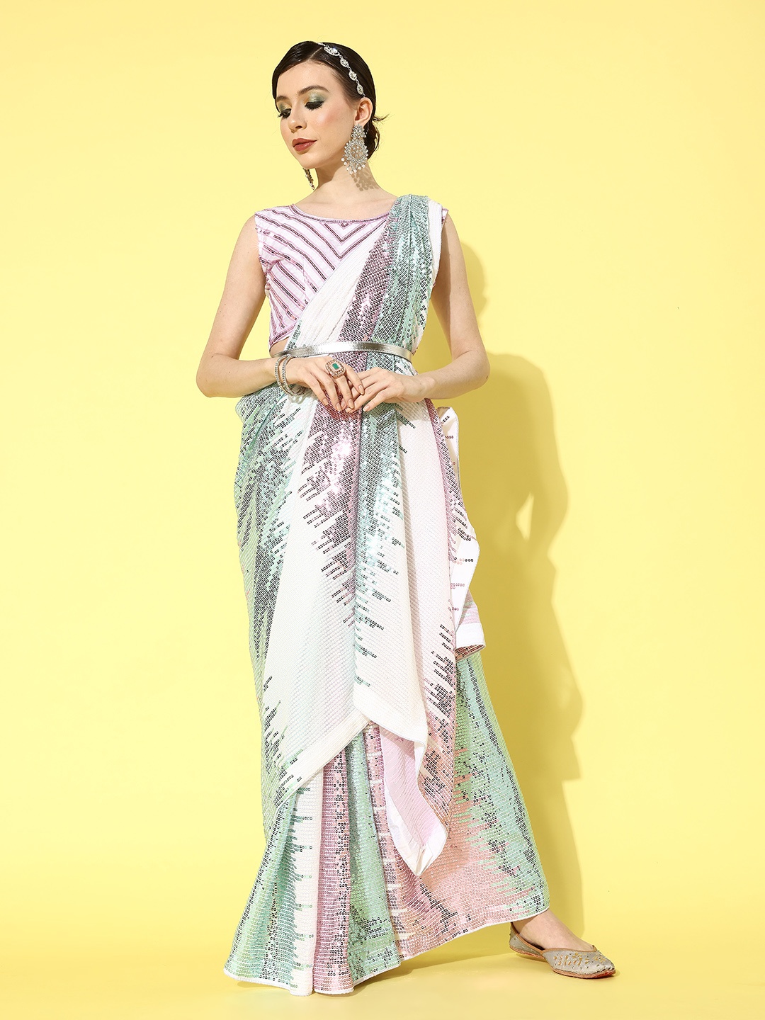 

Mitera Pink & Green Embellished Sequinned Pure Georgette Saree