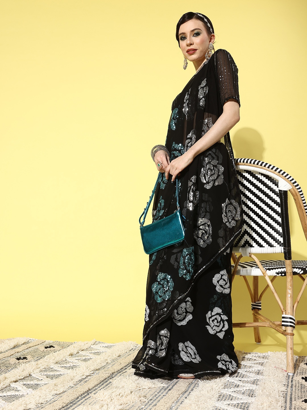 

Mitera Black & White Embellished Sequinned Pure Georgette Saree