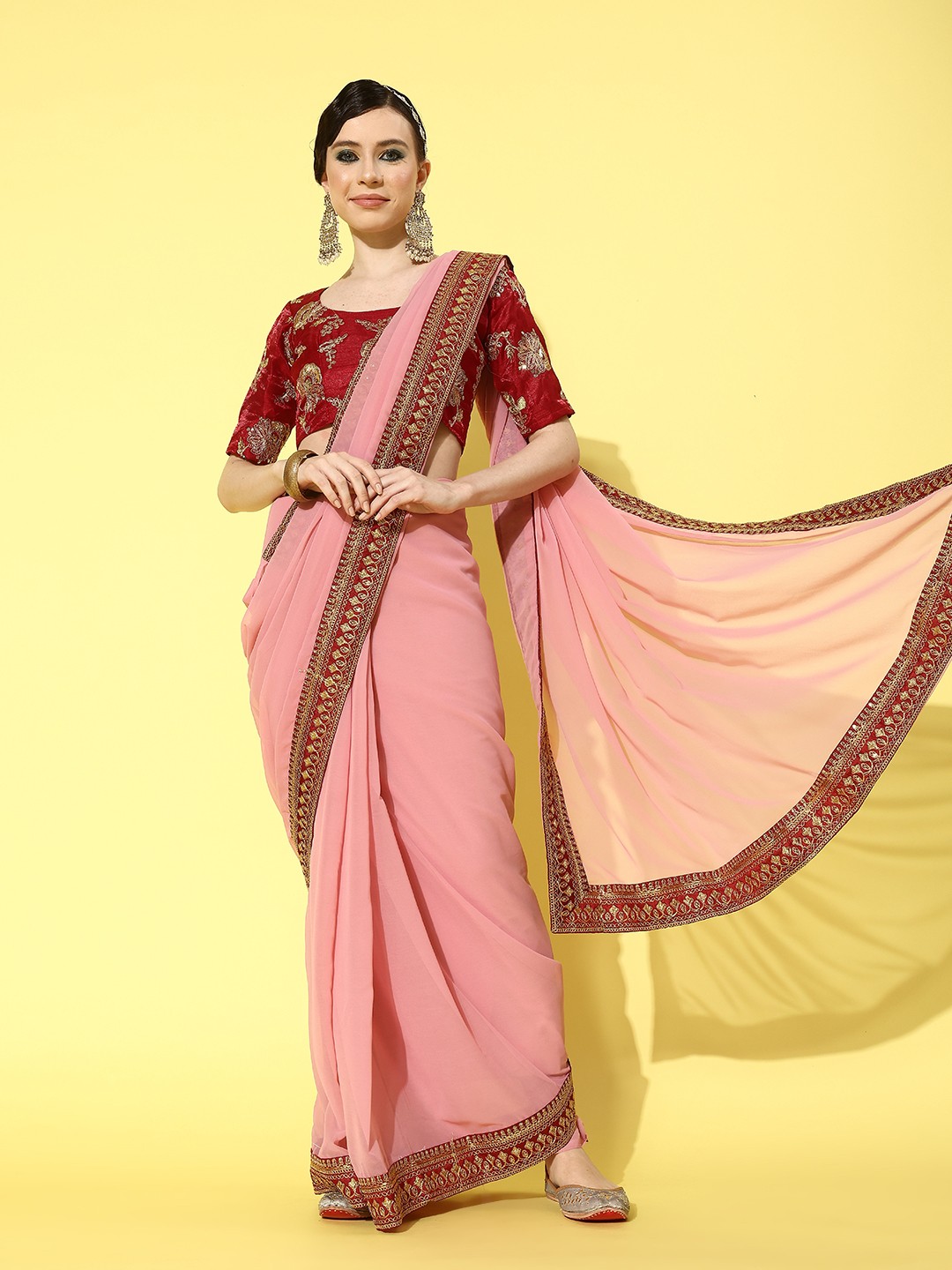 

Mitera Embroidered Pure Georgette Saree, Pink