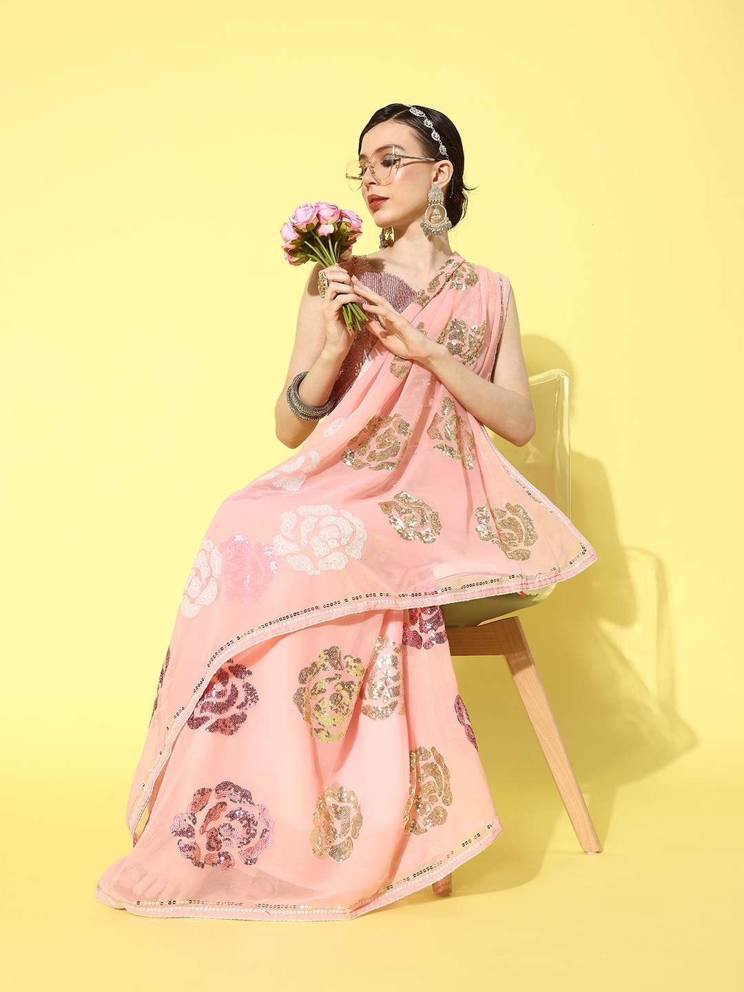 

Mitera Peach-Coloured & Copper-Toned Floral Sequinned Pure Georgette Saree