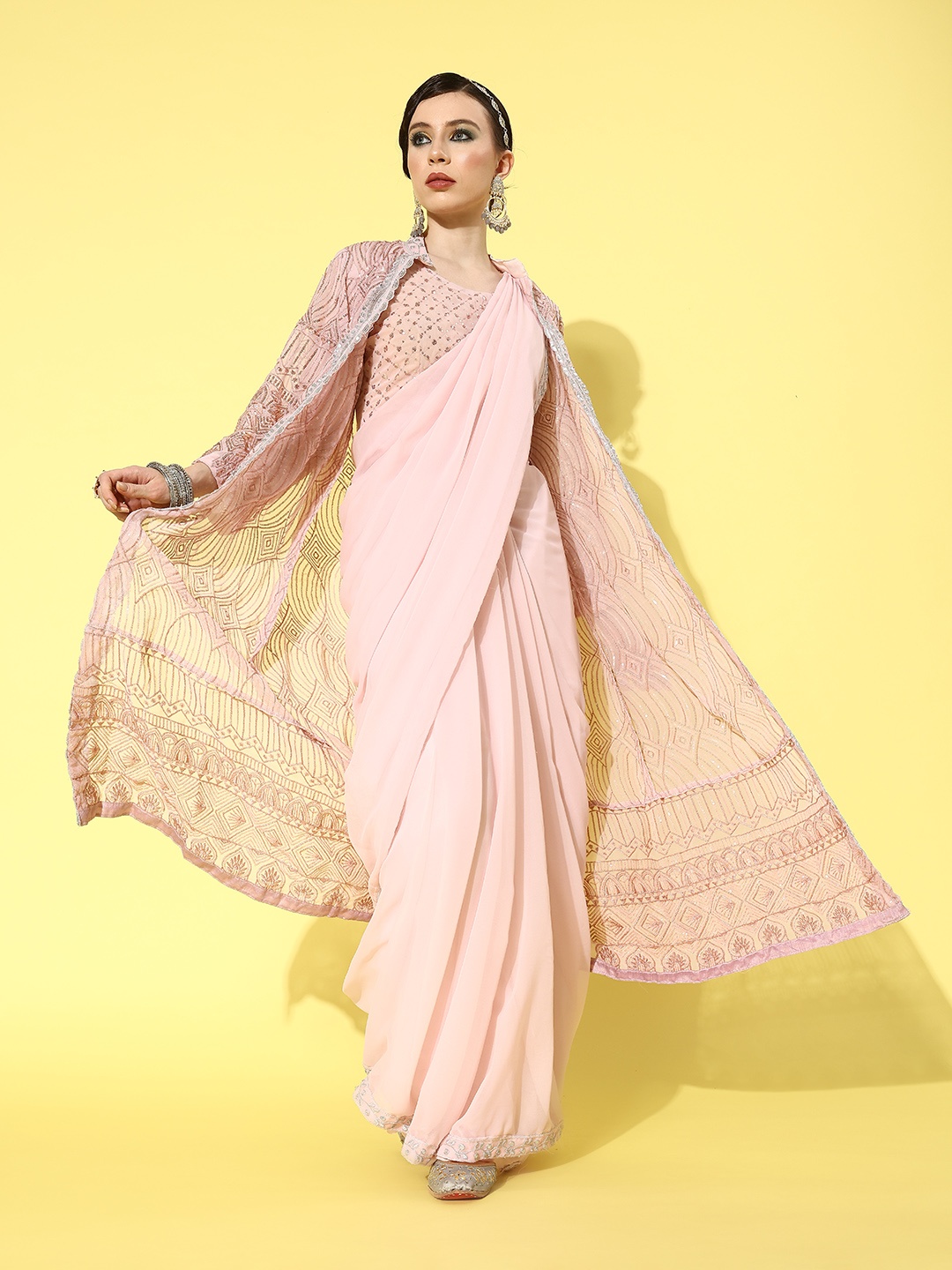 

Mitera Peach-Coloured Sequinned Pure Georgette Saree With Shrug