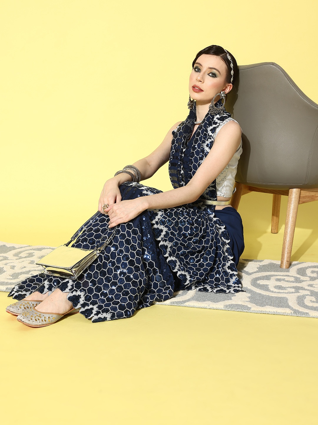 Mitera Sequinned Pure Georgette Saree, Navy blue