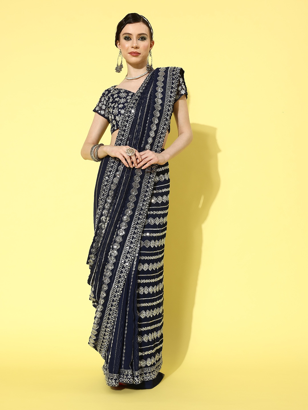 

Mitera Sequinned Pure Georgette Saree, Navy blue
