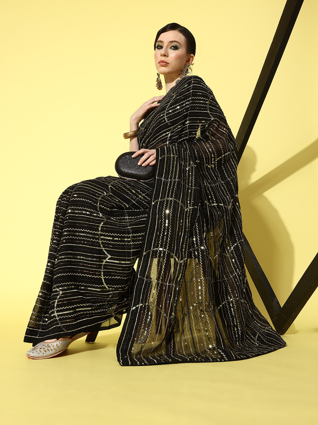 

Mitera Black & Silver-Toned Striped Embroidered Pure Georgette Saree