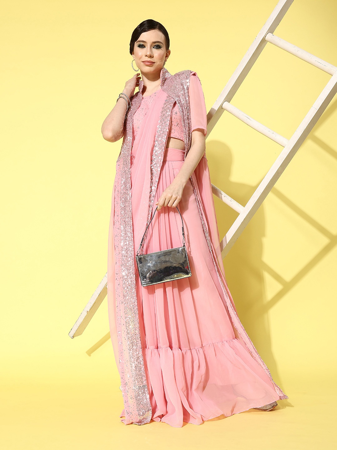 

Mitera Peach-Coloured Sequinned Pure Georgette Ready to Wear Saree With Shrug