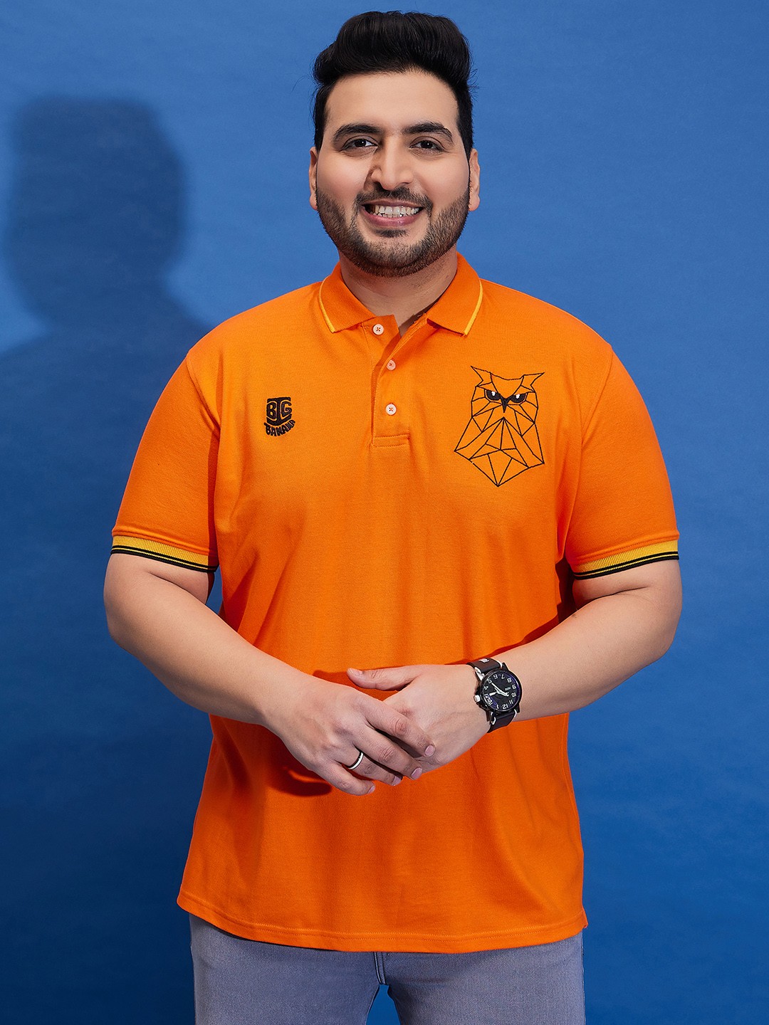 

bigbanana Plus Size Embroidered Polo Collar Bio Finish Pure Cotton T-Shirt, Orange