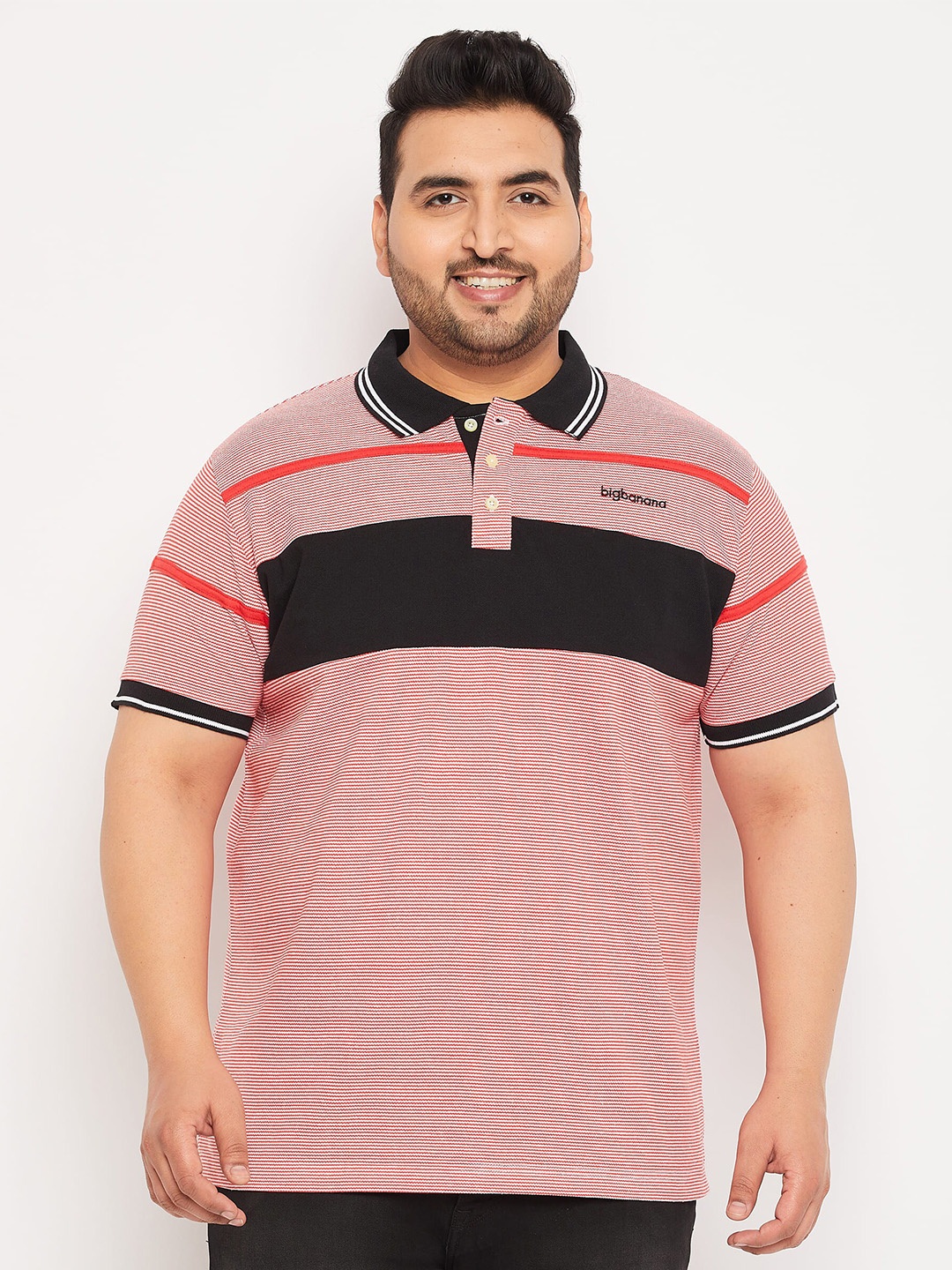 

bigbanana Plus Size Colourblocked Polo Collar Bio Finish Pure Cotton T-Shirt, Red