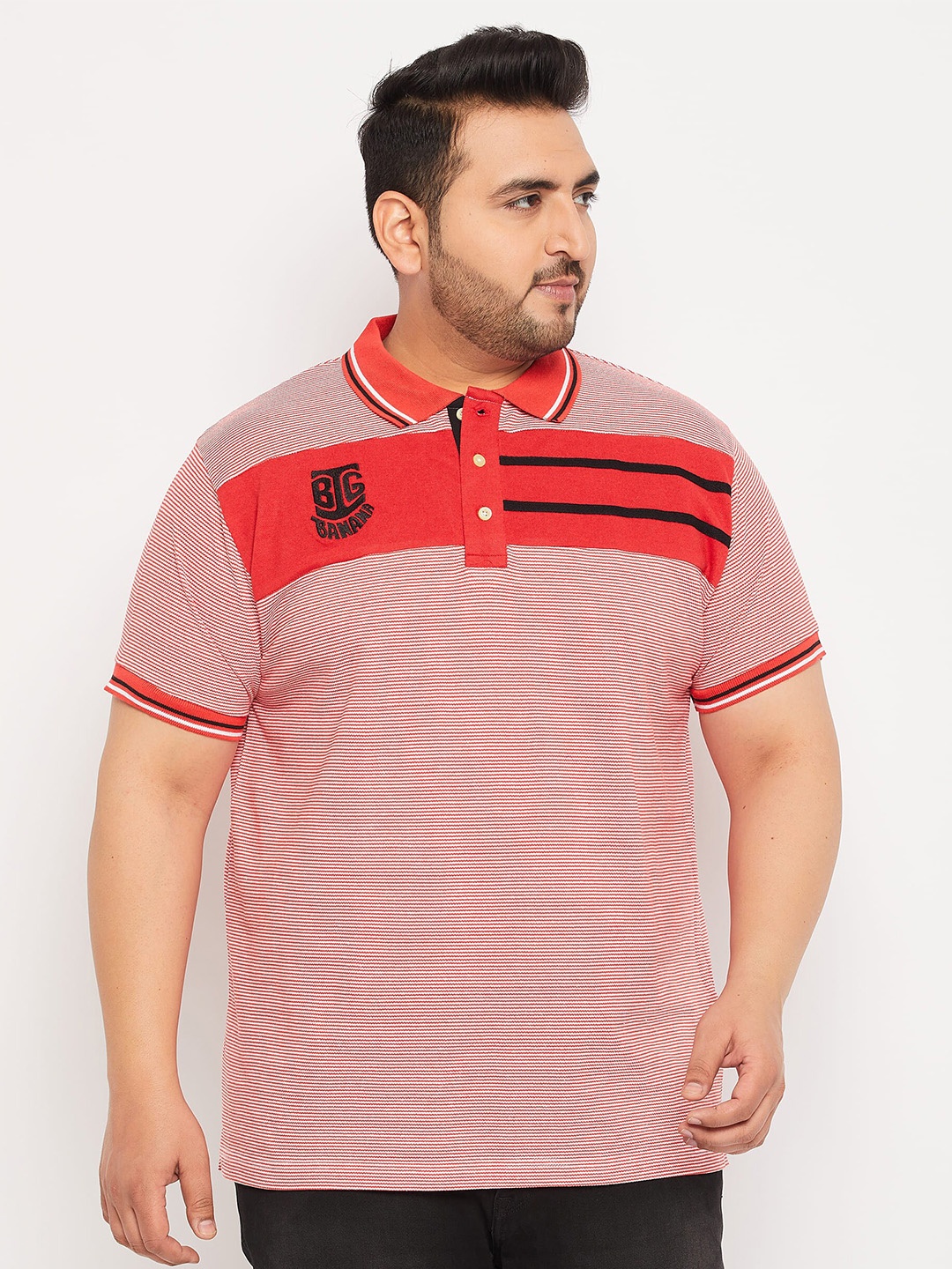 

bigbanana Plus Size Colourblocked Polo Collar Bio Finish Pure Cotton T-Shirt, Red