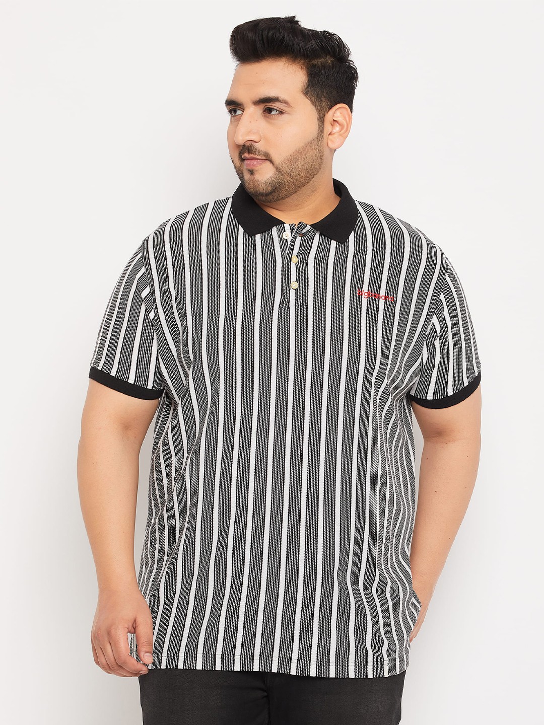 

bigbanana Plus Size Striped Polo Collar Bio Finish Pure Cotton T-Shirt, White