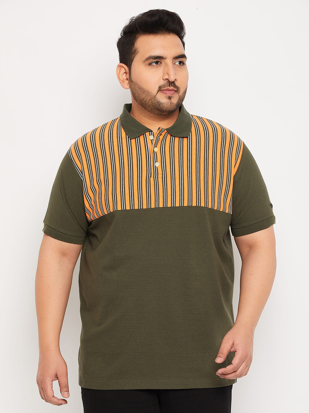 

bigbanana Plus Size Striped Polo Collar Bio Finish Pure Cotton T-Shirt, Olive