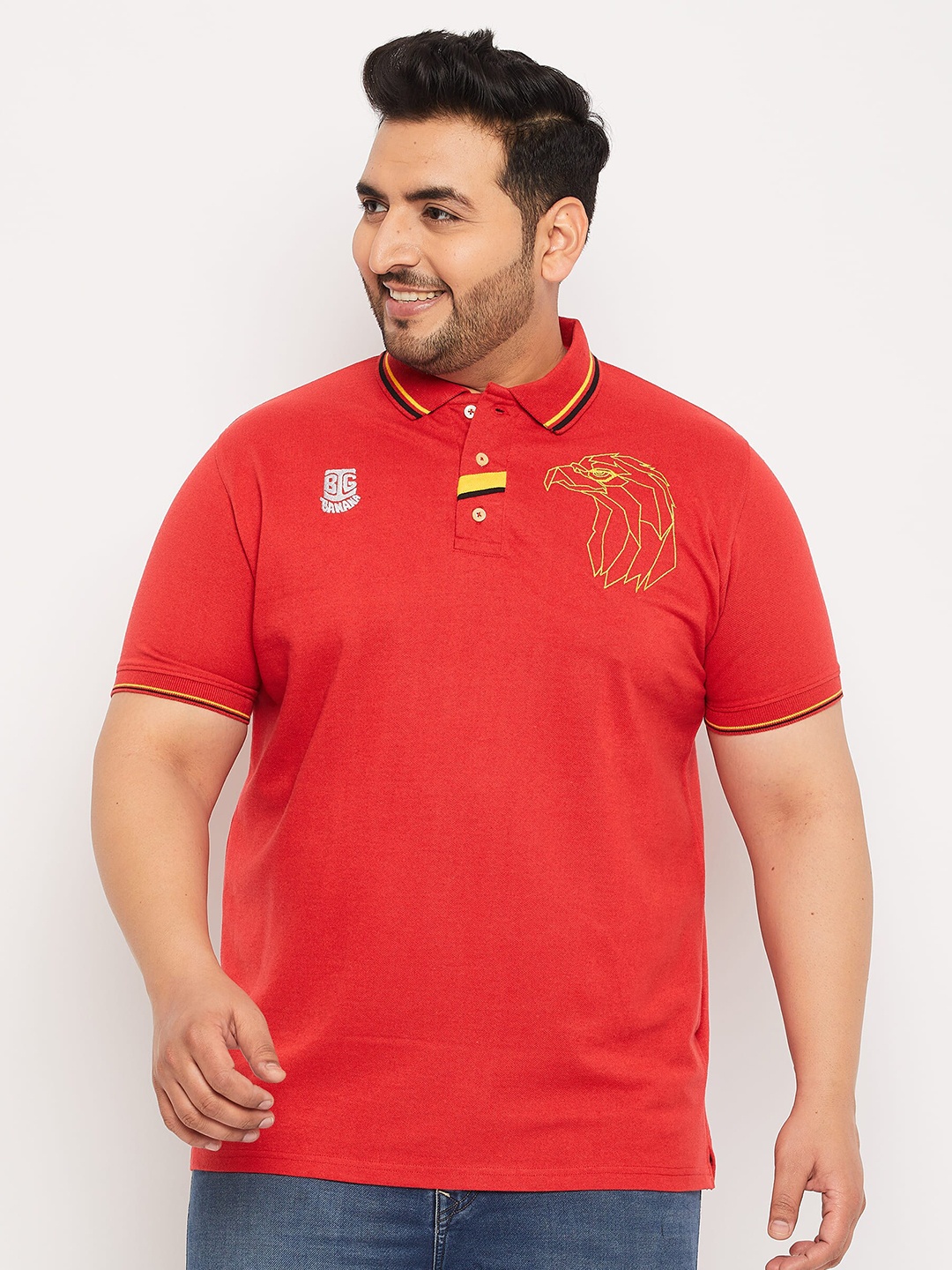 

bigbanana Plus Size Embroidered Polo Collar Bio Finish Pure Cotton T-Shirt, Red