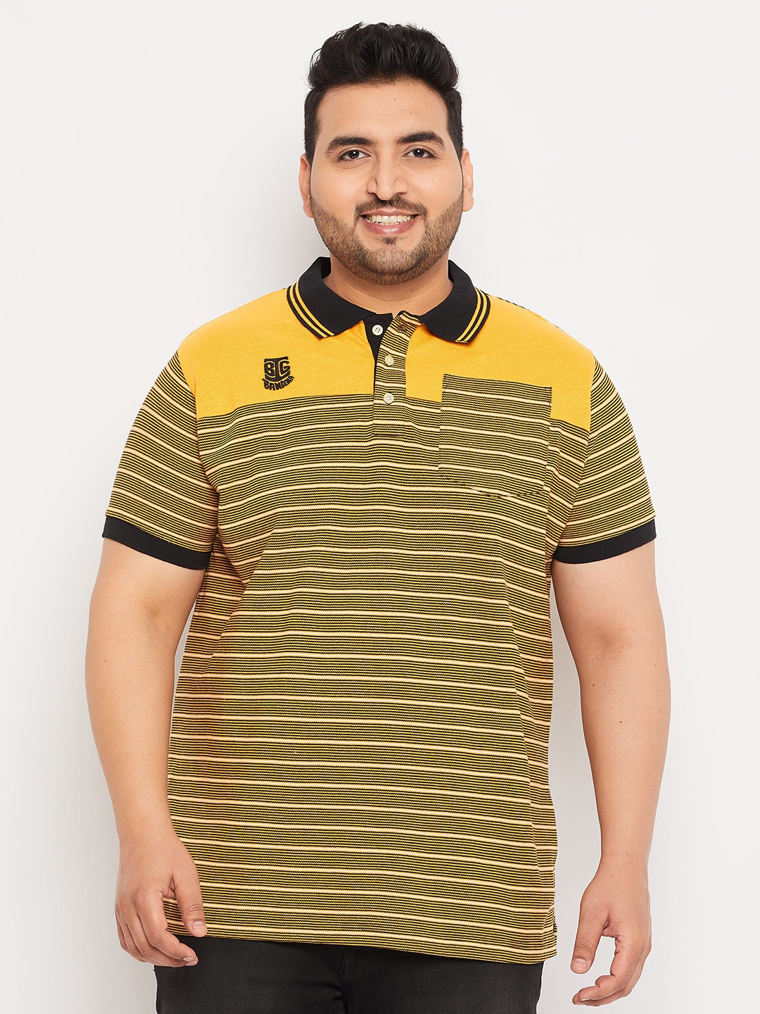 

bigbanana Plus Size Striped Polo Collar Bio Finish Pure Cotton T-Shirt, Yellow