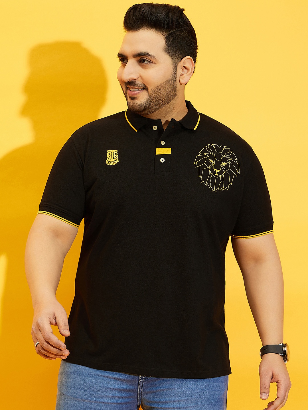 

bigbanana Plus Size Embroidered Polo Collar Bio Finish Pure Cotton T-Shirt, Black