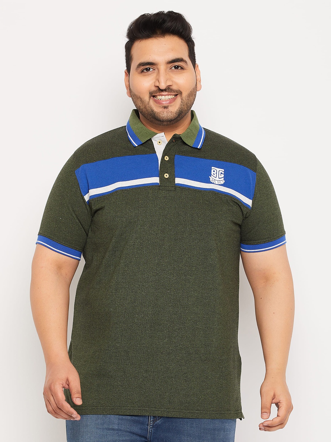 

bigbanana Plus Size Colourblocked Polo Collar Bio Finish Pure Cotton T-Shirt, Green