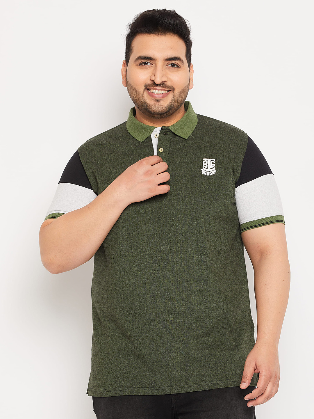 

bigbanana Plus Size Colourblocked Polo Collar Bio Finish Pure Cotton T-Shirt, Green