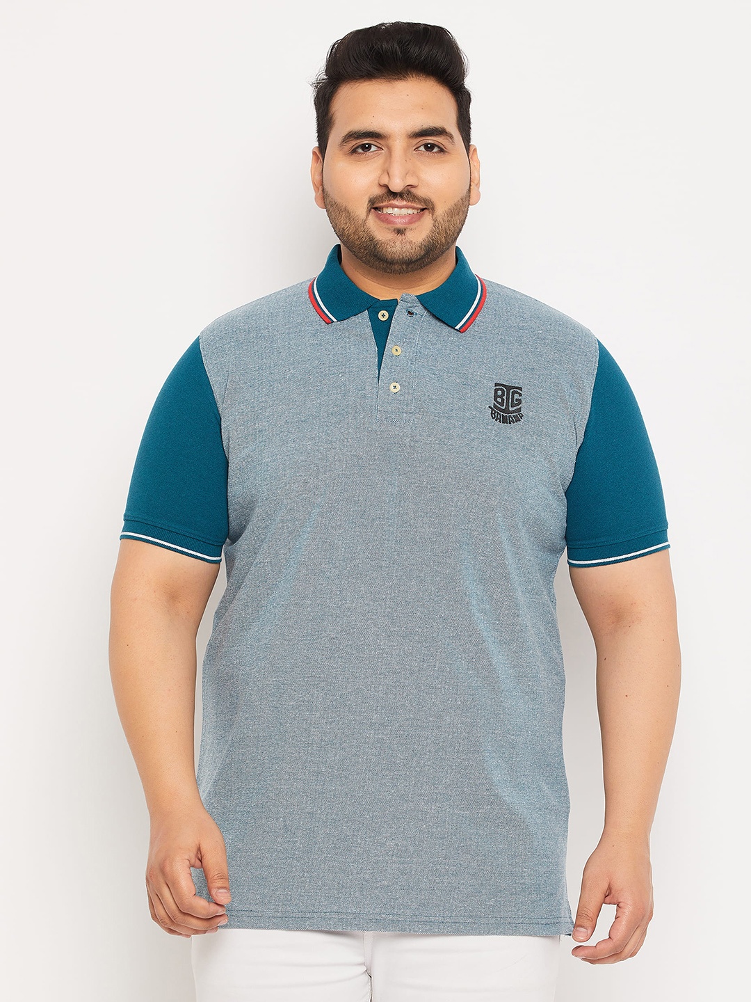 

bigbanana Plus Size Colourblocked Polo Collar Bio Finish Pure Cotton T-Shirt, Blue
