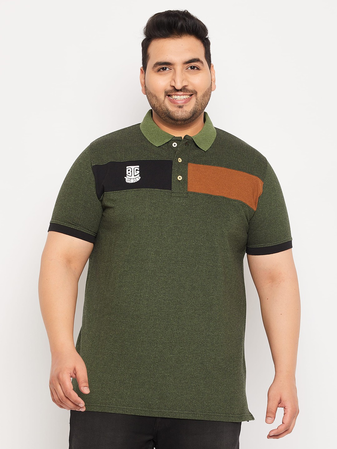 

bigbanana Plus Size Colourblocked Polo Collar Bio Finish Pure Cotton T-Shirt, Green