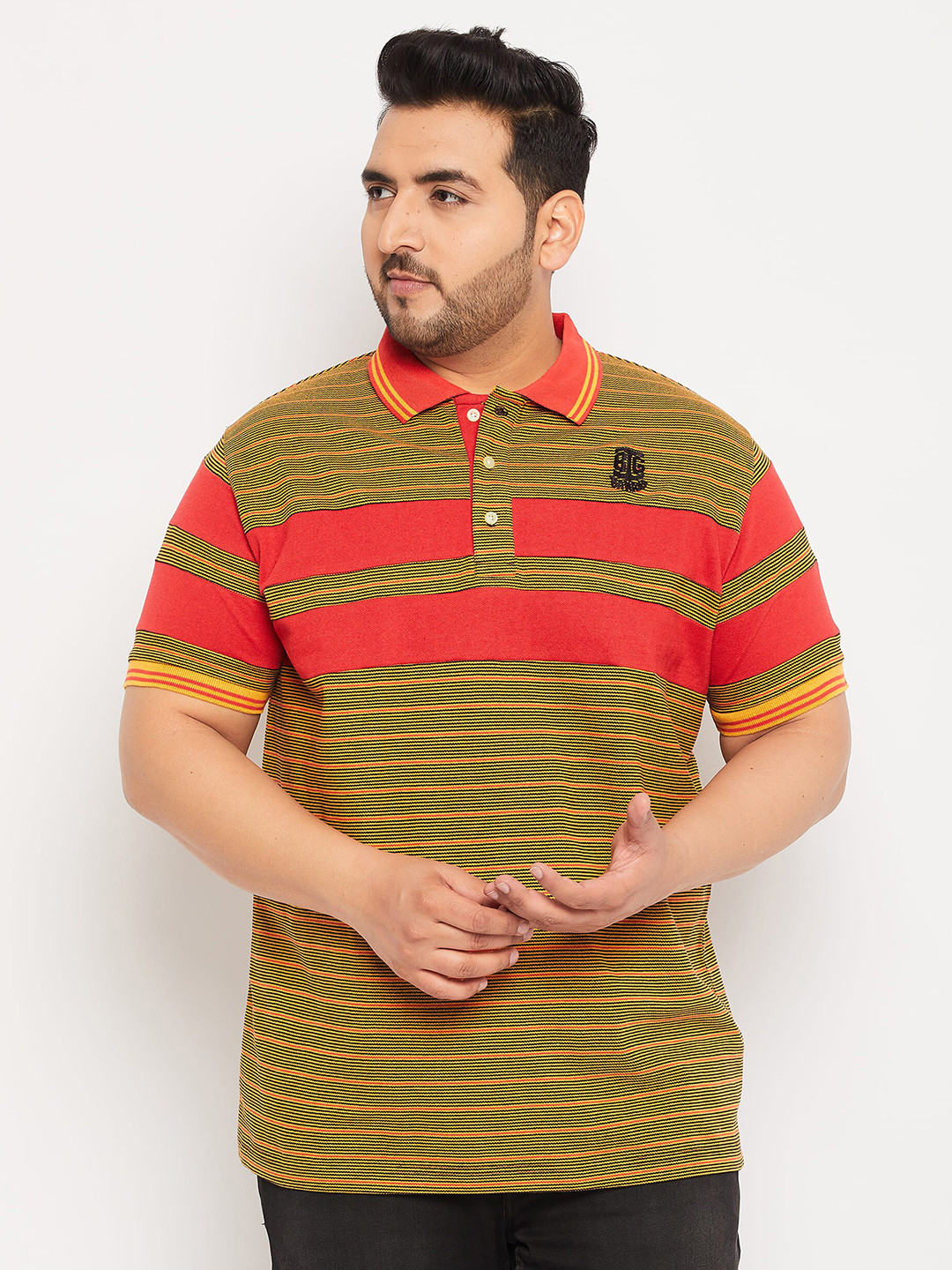 

bigbanana Plus Size Striped Polo Collar Bio Finish Pure Cotton T-Shirt, Yellow