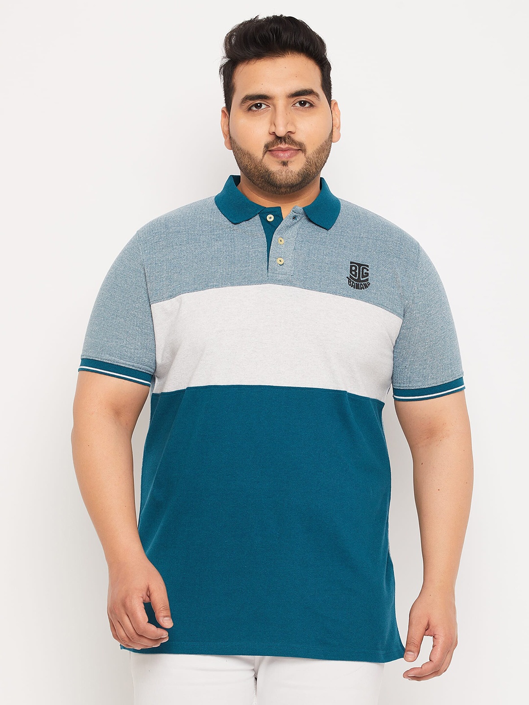 bigbanana Plus Size Colourblocked Polo Collar Bio Finish Pure Cotton T-Shirt, Blue