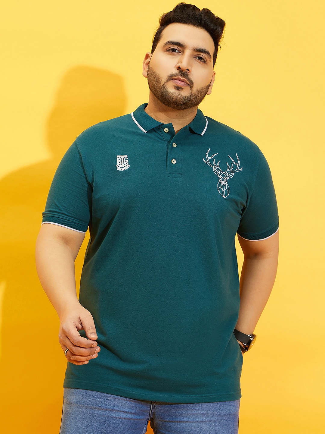 

bigbanana Plus Size Embroidered Polo Collar Bio Finish Pure Cotton T-Shirt, Teal