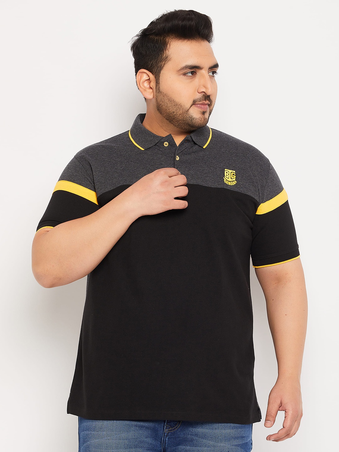 

bigbanana Plus Size Colourblocked Polo Collar Bio Finish Pure Cotton T-shirt, Black
