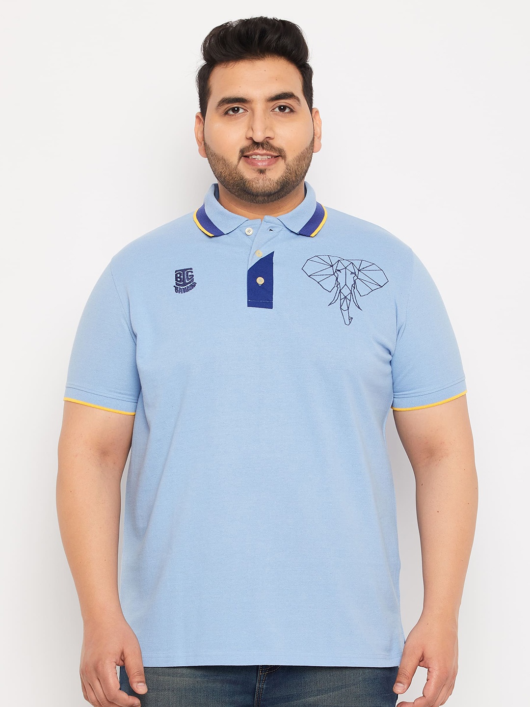 

bigbanana Plus Size Embroidered Polo Collar Bio Finish Pure Cotton T-Shirt, Blue