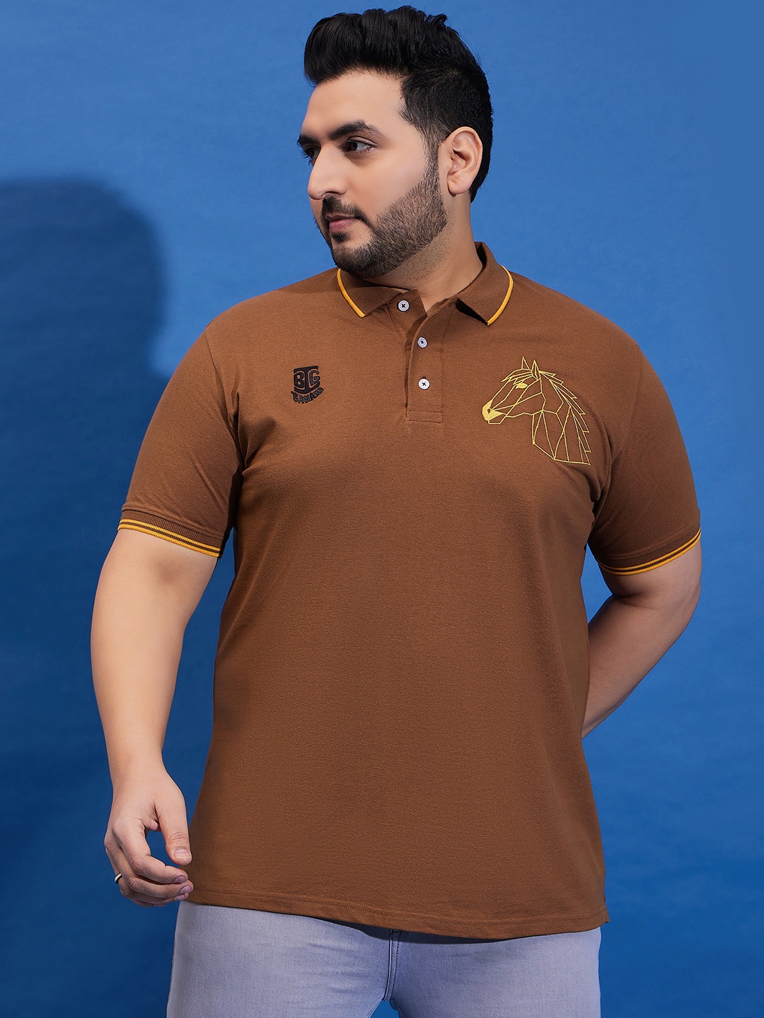 

bigbanana Plus Size Embroidered Polo Collar Bio Finish Pure Cotton T-Shirt, Brown